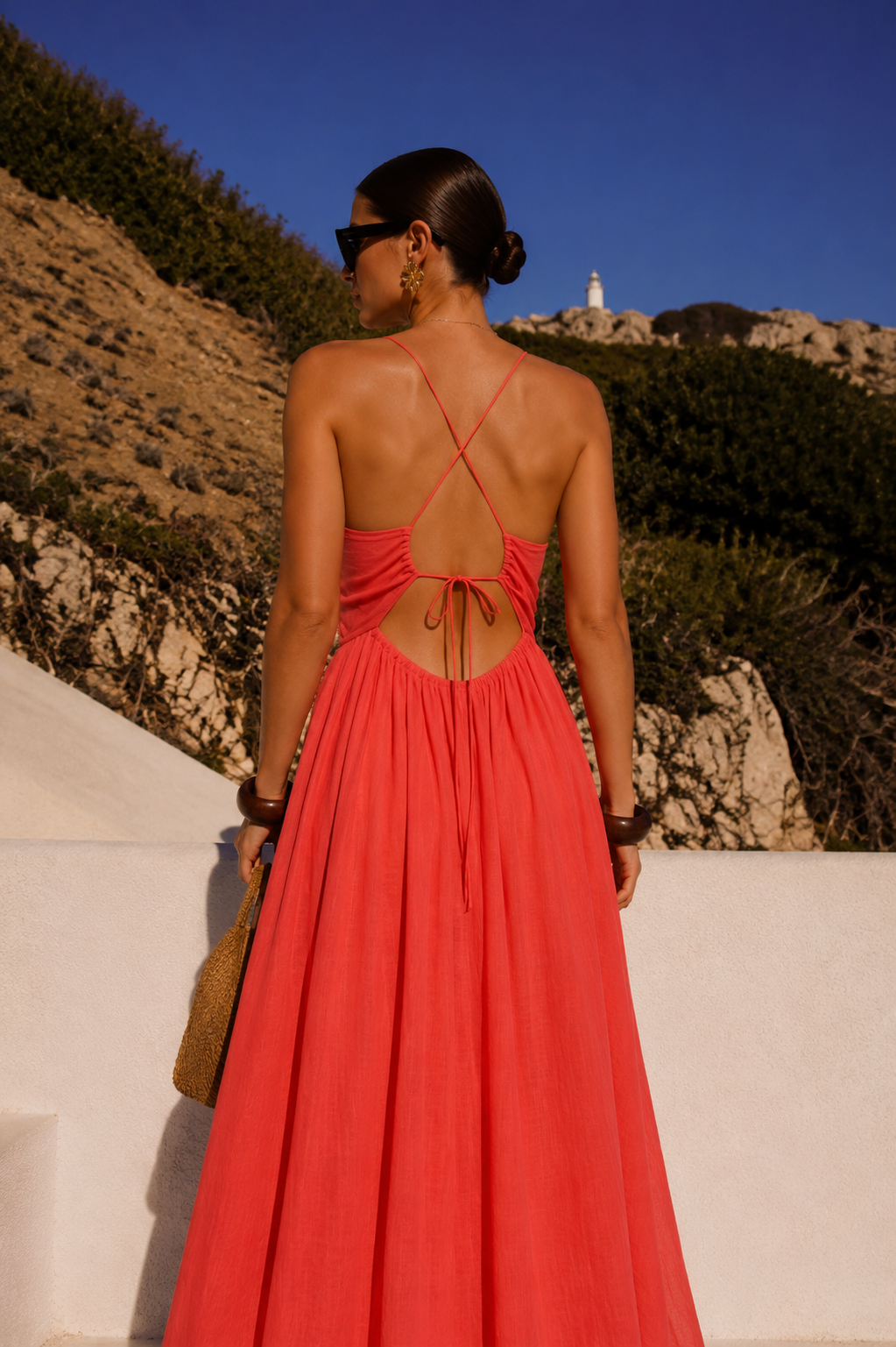 backless dress flowy Women's Coral Alizé – Maxi Dress & Open Back - YCOO Paris color-summer-print COLOR:Wine Red A Line V Neck