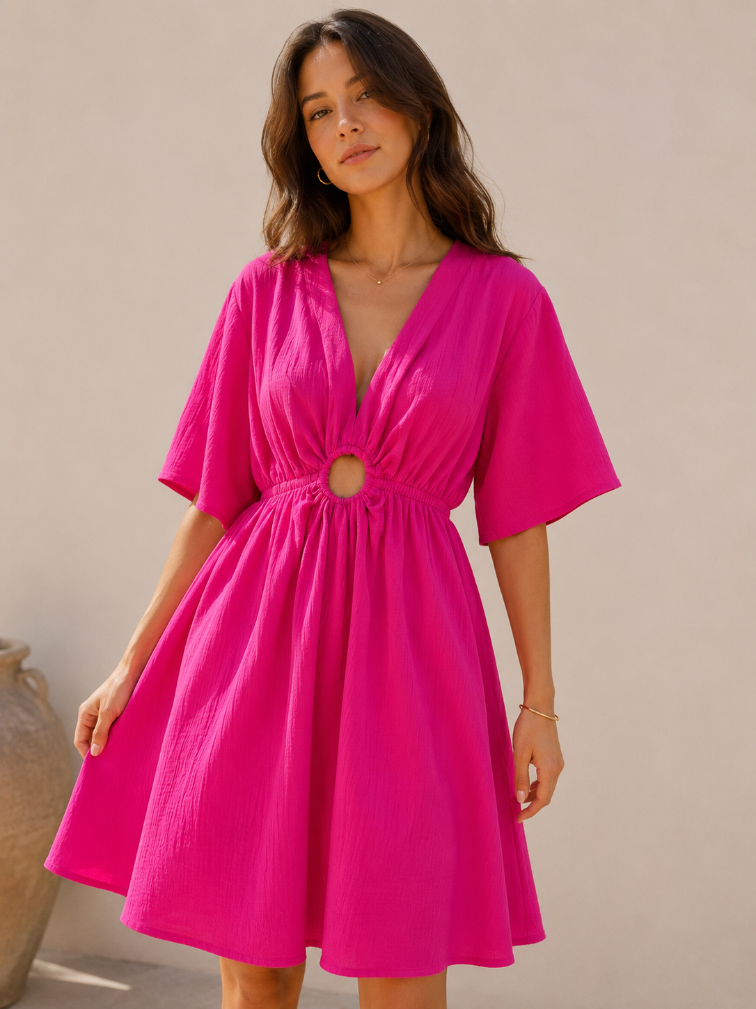 fuchsia pink cocktail dress Luz – Women's flowy V-neck dress Size:12/M Wedding Guest Dresses Under nvgroup_dresses