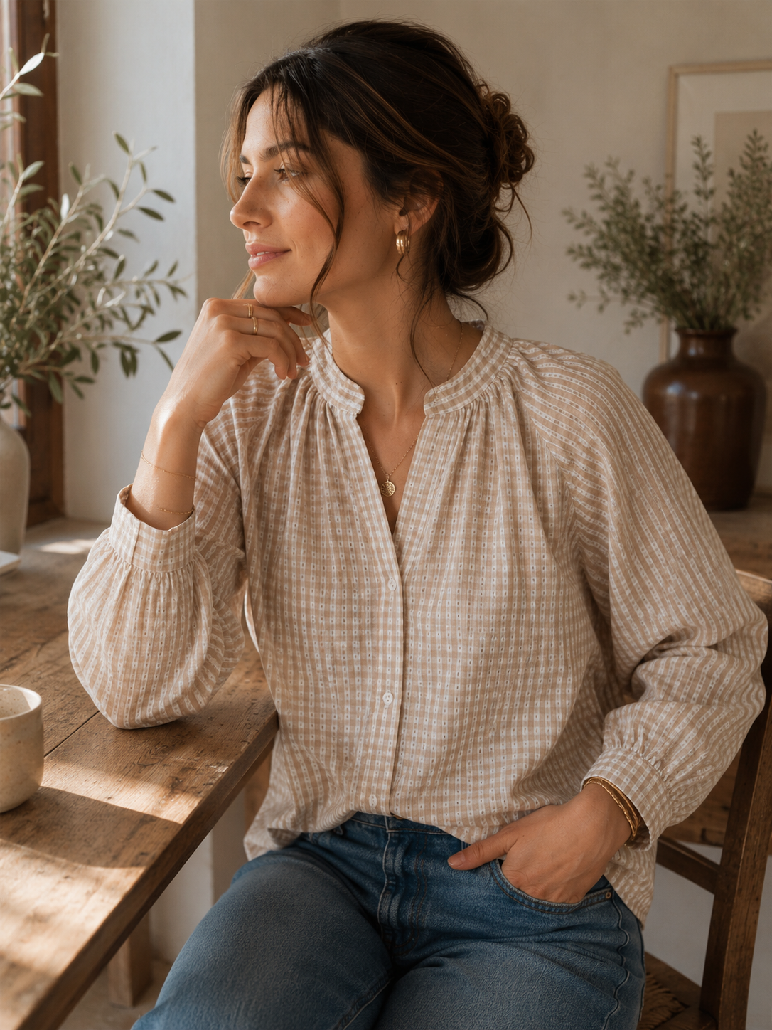 Paula Beige Vichy Blouse - The Chatterboxes