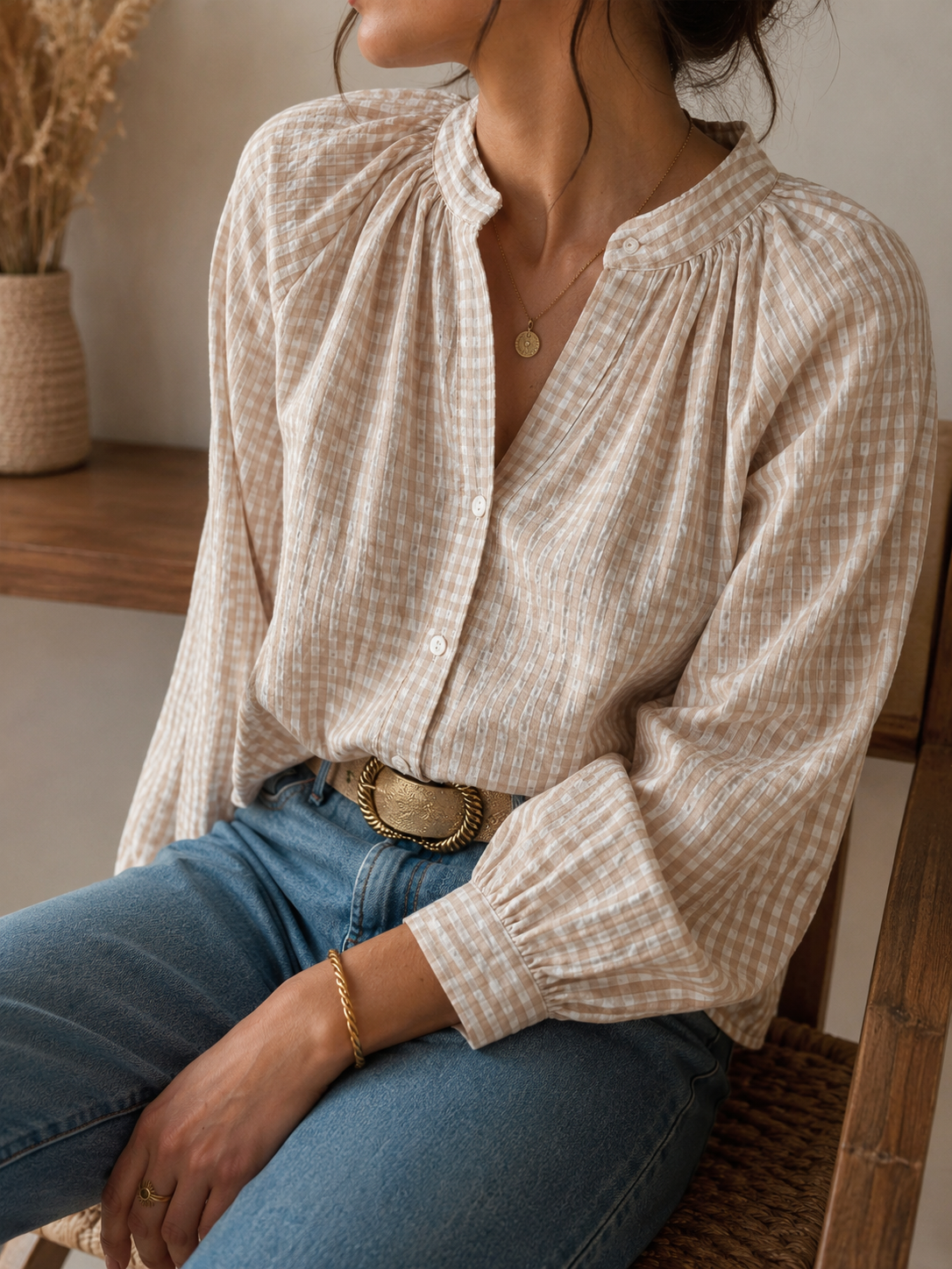 Paula Beige Vichy Blouse - The Chatterboxes