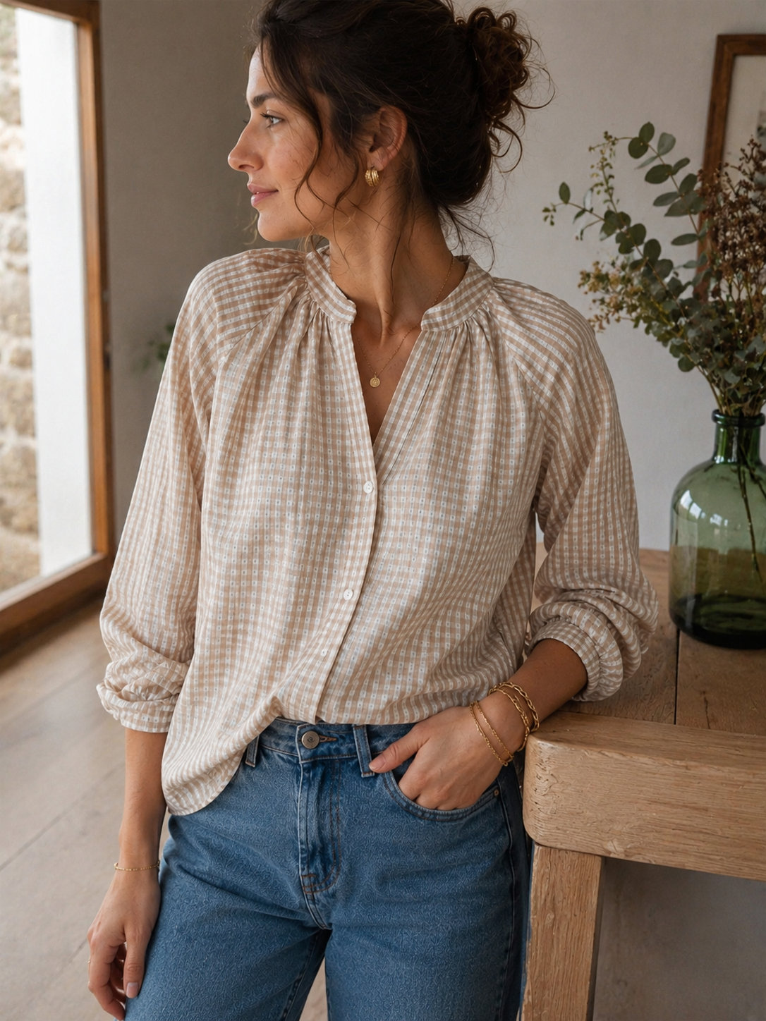 Paula Beige Vichy Blouse - The Chatterboxes