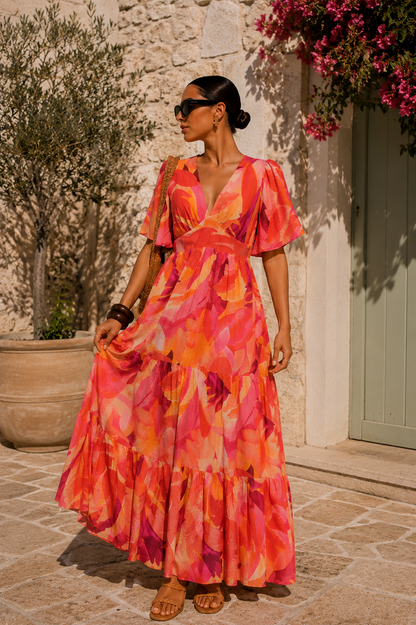 Robe Carmen Corail Femme – Robe Longue Fluide Imprimée - YCOO Paris | Les Piplettes