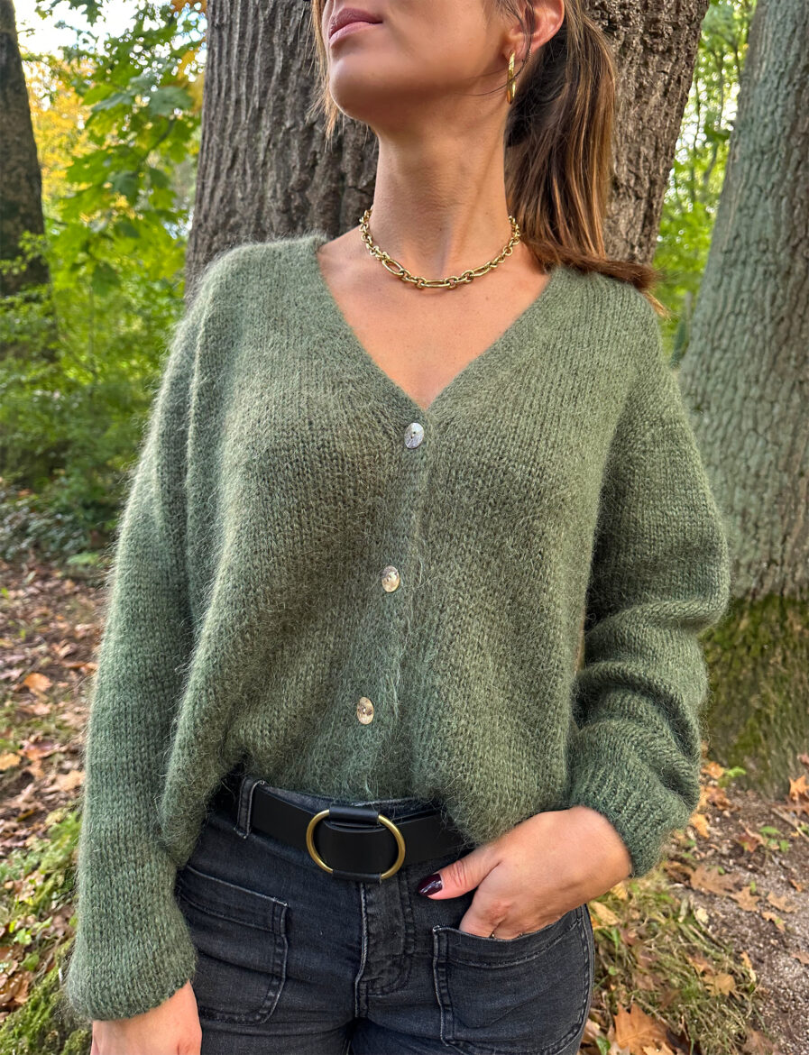 Voici Amelia, notre nouveau gilet extra doux en mohair ! Un indispensable qui va avec tout… Col V Coloris kaki 4 boutons sur le devant Maille toute douce et chaude Coupe droite légèrement oversize Fabriqué en Italie On aime le porter avec un jean taille haute et des bottines pour dynamiser le look ou bien en superposition au dessus d’une robe !