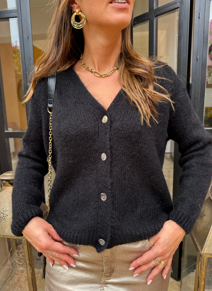 Voici Amelia, notre nouveau gilet extra doux en mohair ! Un indispensable qui va avec tout… Col V Coloris Noir 4 boutons sur le devant Maille toute douce et chaude Coupe droite légèrement oversize Fabriqué en Italie