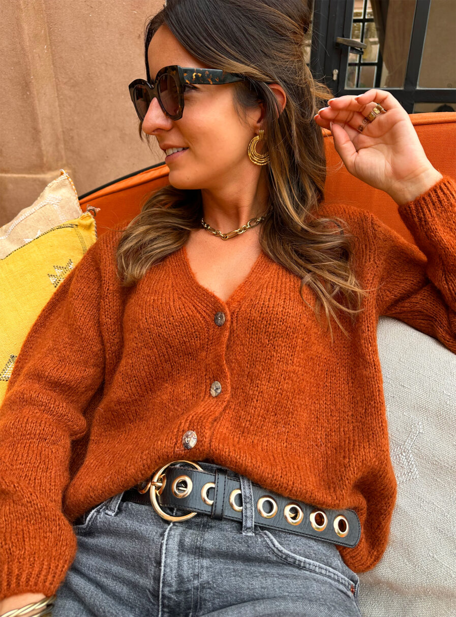 Voici Amelia, notre nouveau gilet extra doux en mohair ! Un indispensable qui va avec tout… Col V Coloris terracotta 4 boutons sur le devant Maille toute douce et chaude Coupe droite légèrement oversize Fabriqué en Italie On aime le porter avec un pantalon taille haute et des bottines pour dynamiser le look ou bien en superposition au dessus d’une robe !