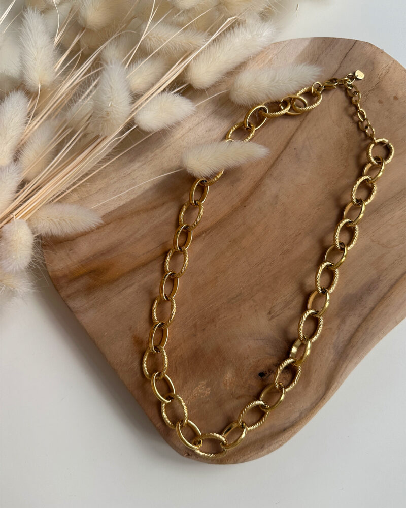 Le collier Carméla est le bijou intemporel qui traverse les saisons sans jamais perdre de son éclat. Ses maillons dorés texturés en acier inoxydable lui donnent une allure à la fois moderne et classique, idéale pour toutes celles qui aiment les pièces fortes et élégantes. Grâce à son design chic et minimaliste, Carméla se porte avec absolument tout ! Matière : acier inoxydable Longueur : 20 cm Fermoir toggle pratique et stylé