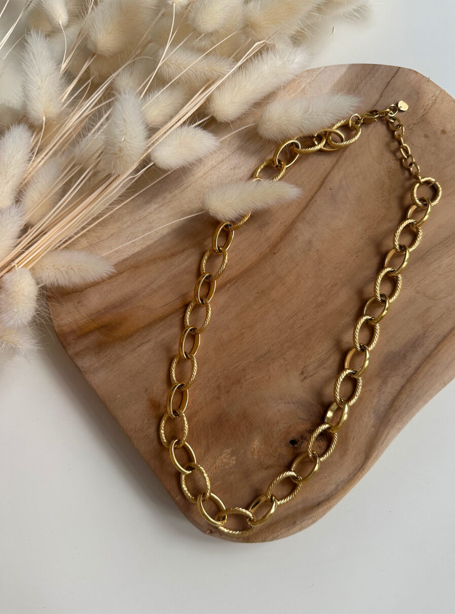 Le collier Carméla est le bijou intemporel qui traverse les saisons sans jamais perdre de son éclat. Ses maillons dorés texturés en acier inoxydable lui donnent une allure à la fois moderne et classique, idéale pour toutes celles qui aiment les pièces fortes et élégantes. Grâce à son design chic et minimaliste, Carméla se porte avec absolument tout ! Matière : acier inoxydable Longueur : 20 cm Fermoir toggle pratique et stylé