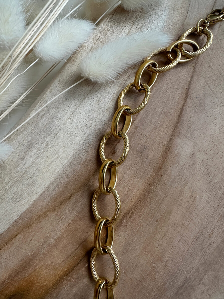 Le collier Carméla est le bijou intemporel qui traverse les saisons sans jamais perdre de son éclat. Ses maillons dorés texturés en acier inoxydable lui donnent une allure à la fois moderne et classique, idéale pour toutes celles qui aiment les pièces fortes et élégantes. Grâce à son design chic et minimaliste, Carméla se porte avec absolument tout ! Matière : acier inoxydable Longueur : 20 cm Fermoir toggle pratique et stylé